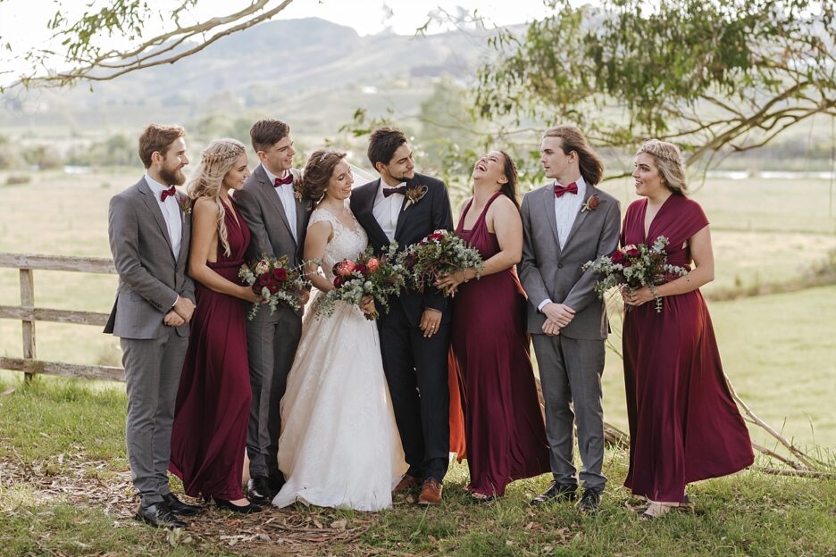 Burgundy and Grey wedding party outfits
