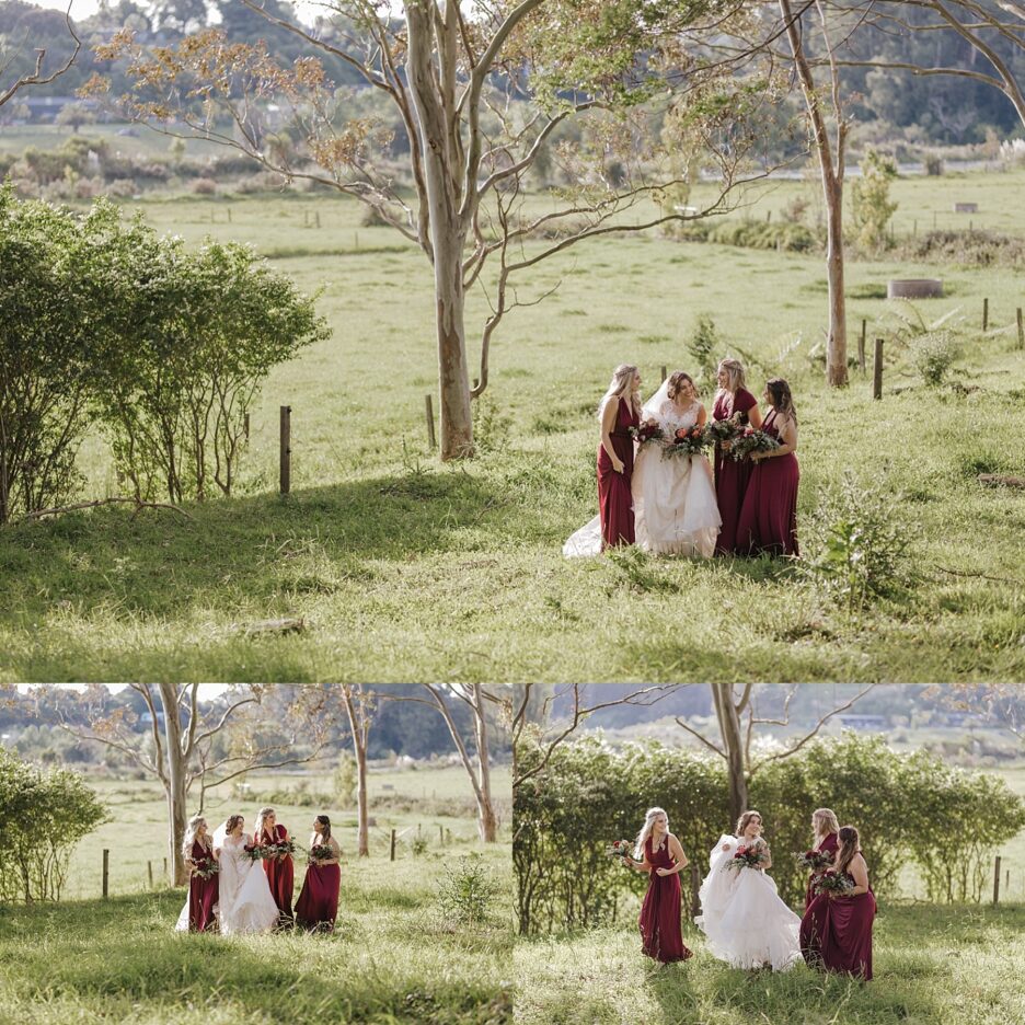 Country vibe rustic bridesmaids in burgundy