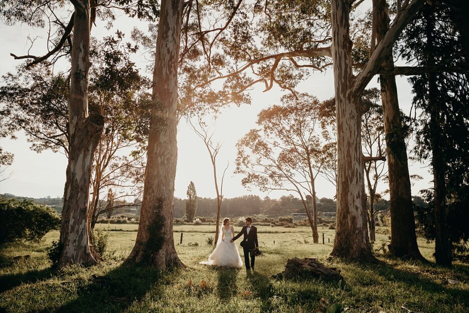 Bride and Groom walking through gum trees with sun setting