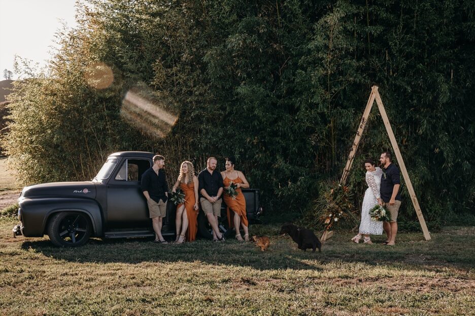 Country vibes wedding party and truck
