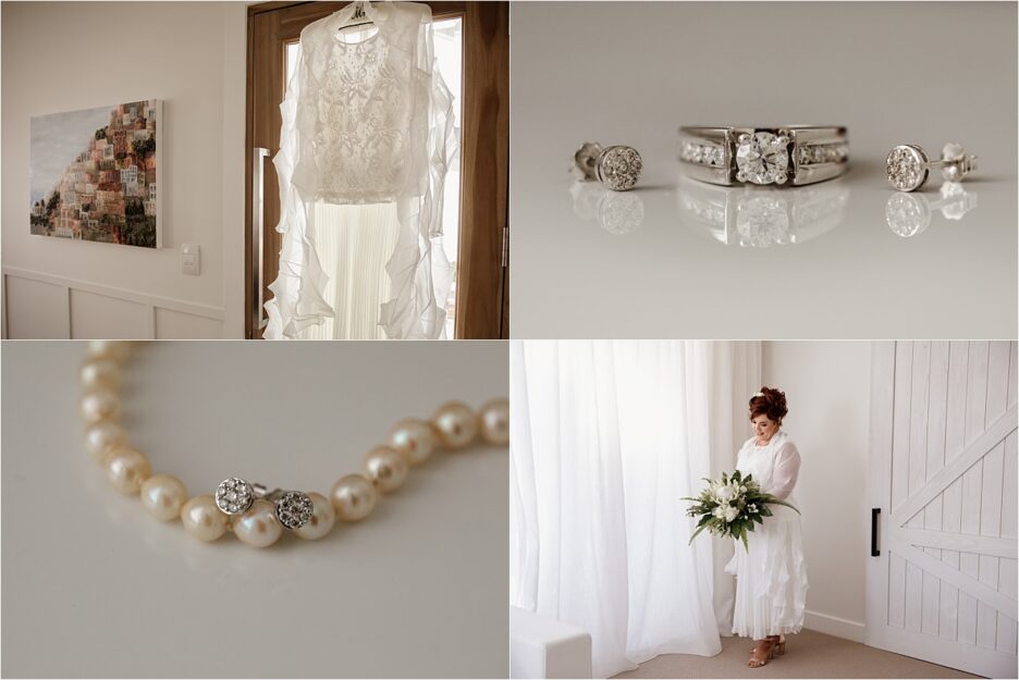 Wedding details dress, engagement ring, pearls and earrings