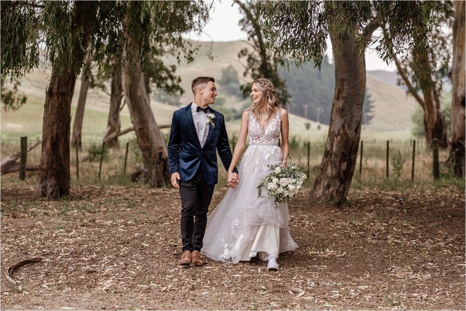 Country bride and groom blue velvet jacket
