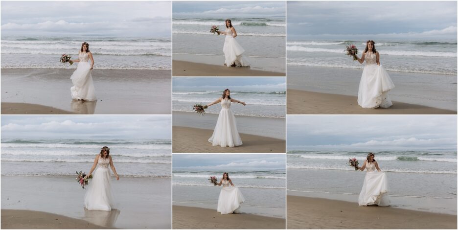 Happy bride celebrating on the beach
