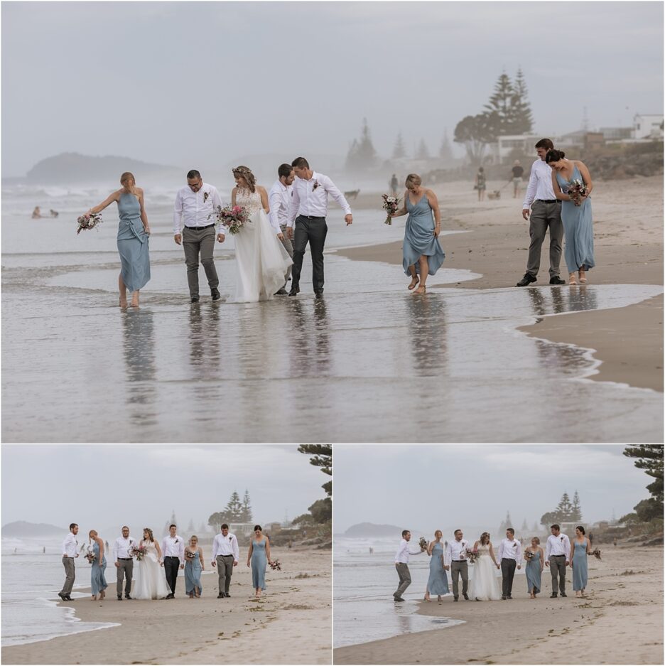 Playing on the beach wedding party