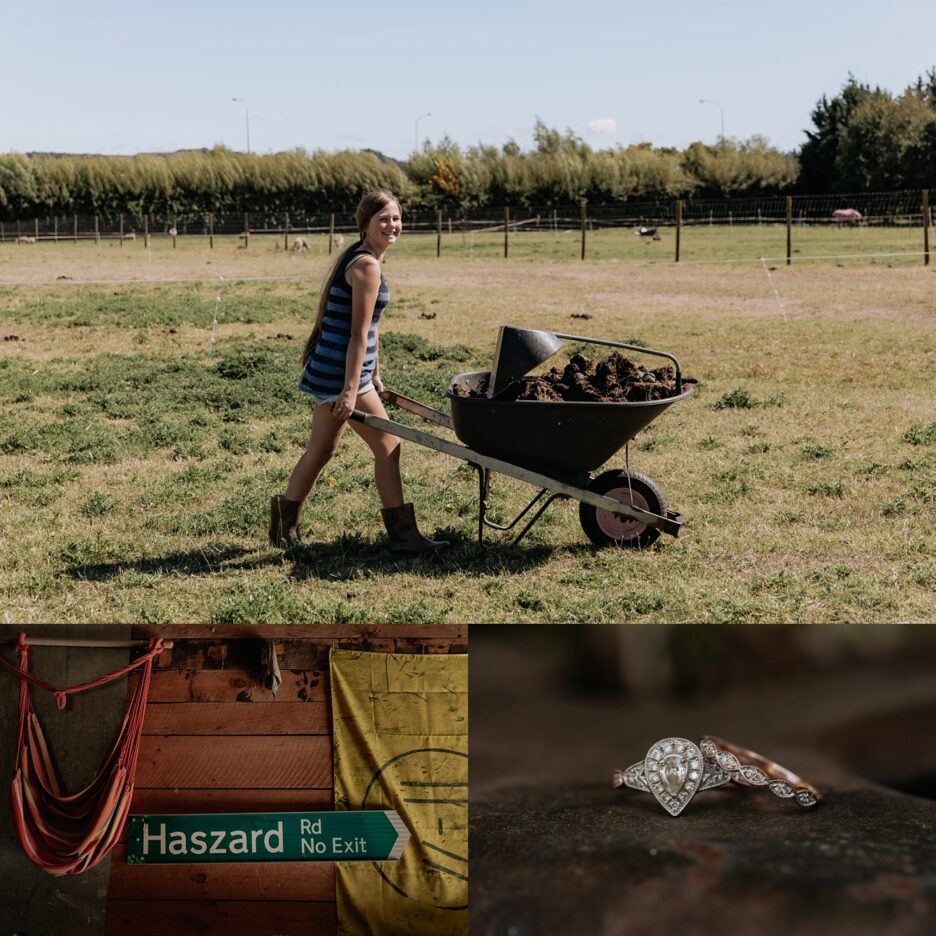 Girl doing farm work and wedding rings