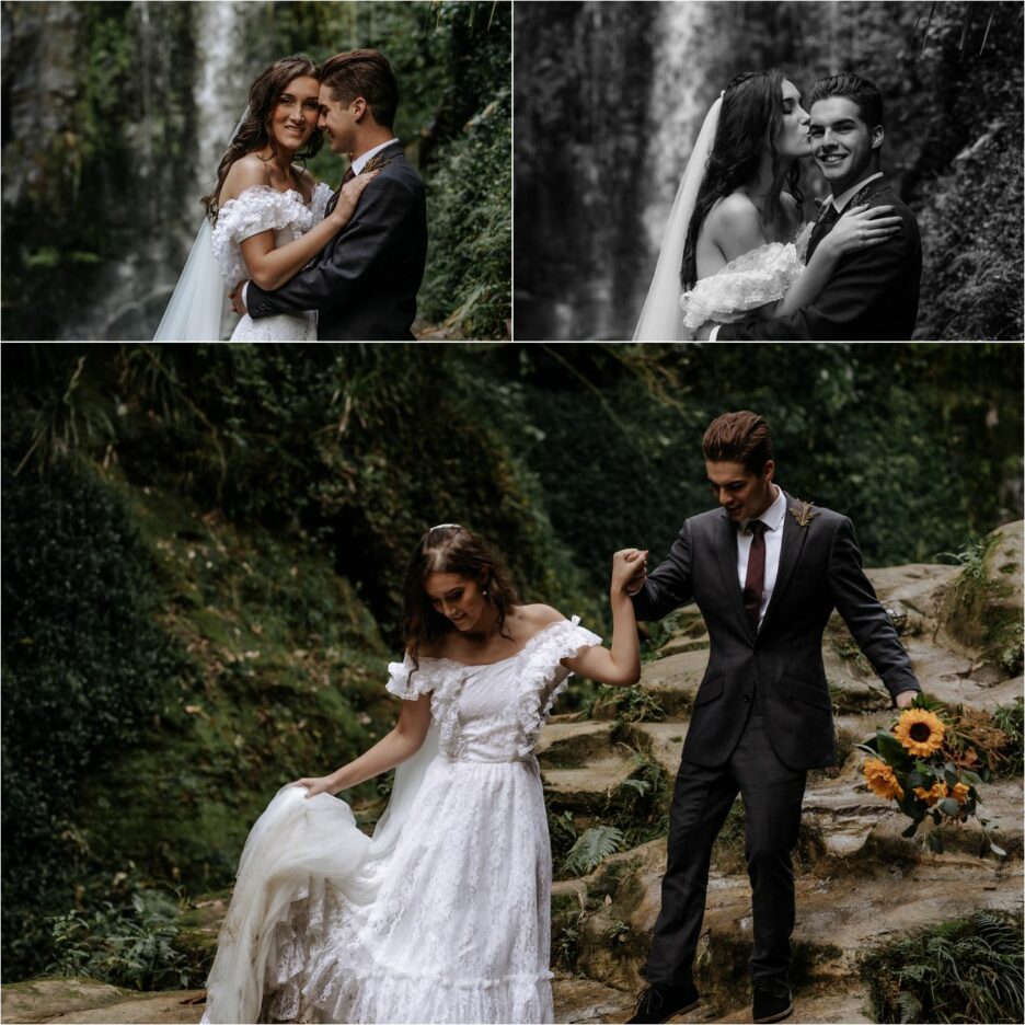 Bride and groom having fun in front of waterfall