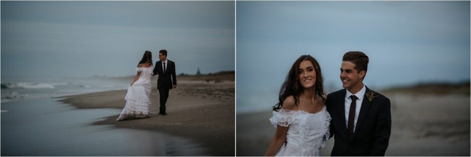 Natural candid moments at dusk with elopement couple on Papamoa Beach New Zealand