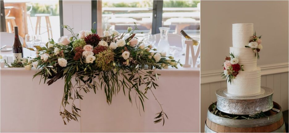 Wedding cake and floral table arrangements