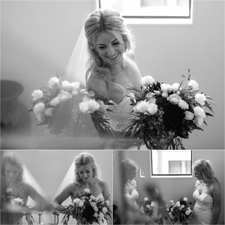 Black and white photos of bride and staircase