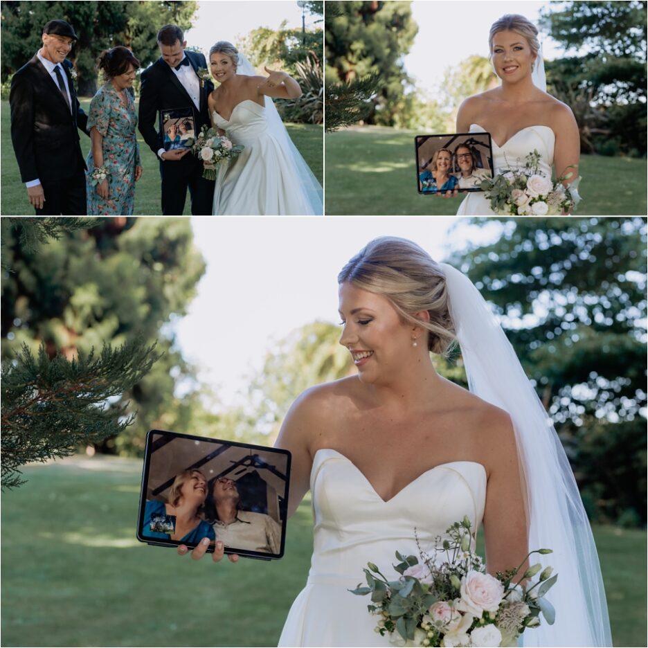 Bride with parents on screen via zoom screen
