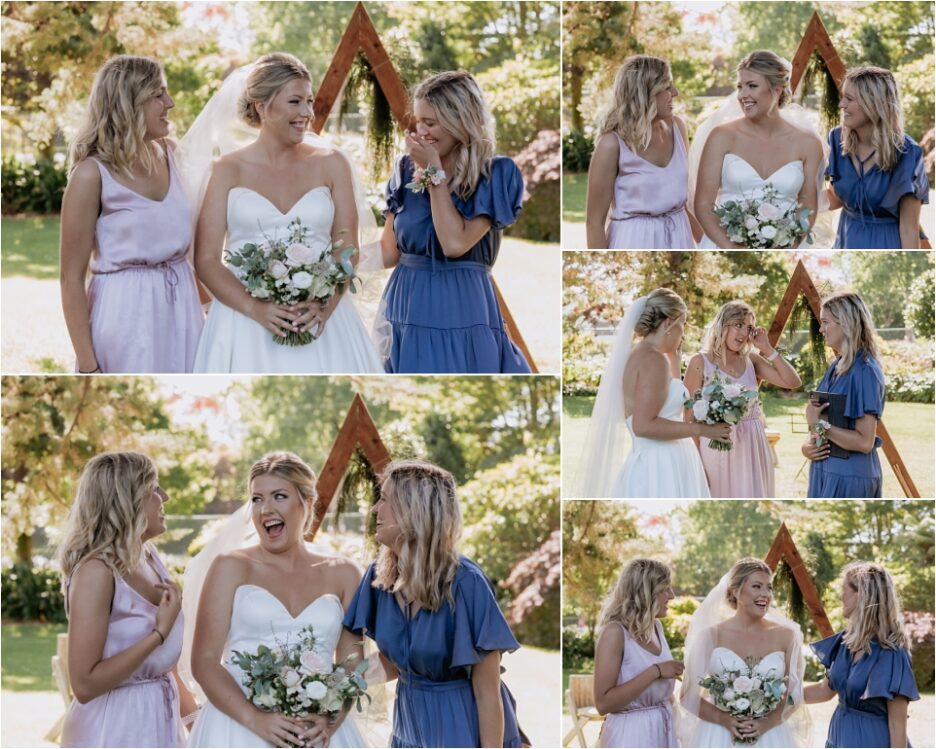 Bride with bridesmaids in pink and blue dresses