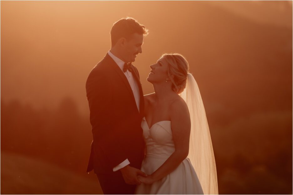 Golden hour photos of bride and groom