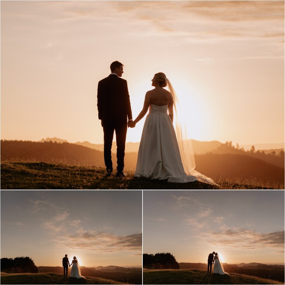 Sunset wedding photos on top of hill
