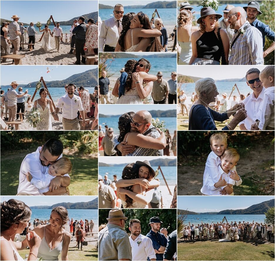 Happy wedding guests at Lake Okataina