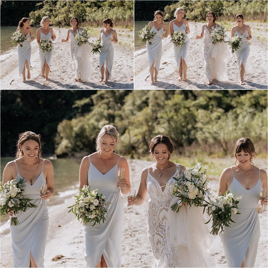 laughing fun photos of bride with bridesmaids on beach