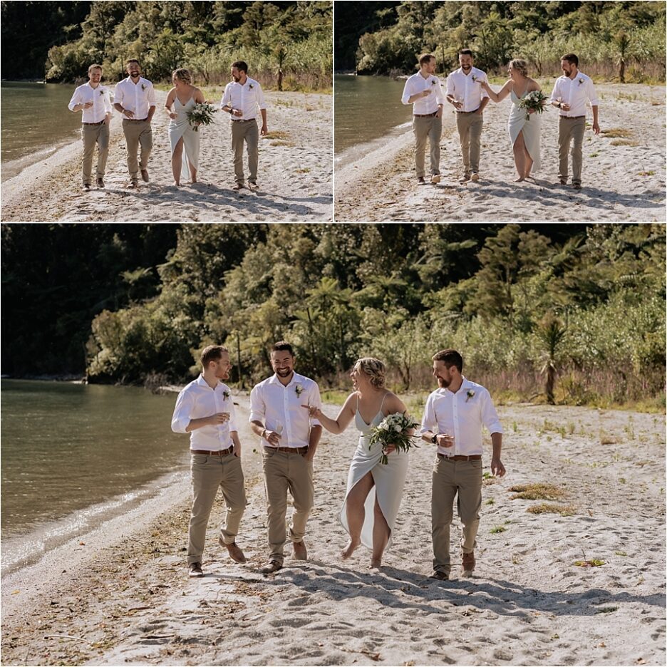 Bridal party walking with groom