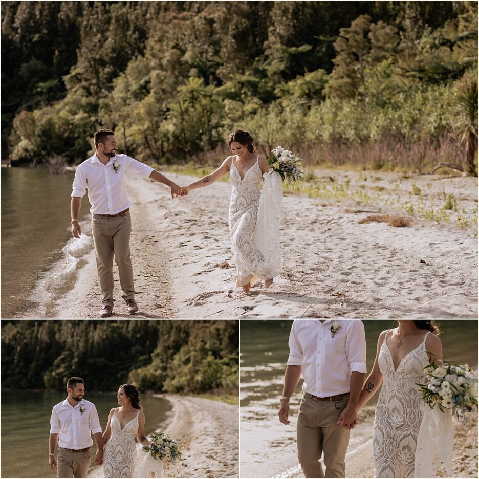 Bride and groom walking laughing along lake shore