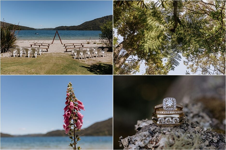 Lakes scene with tree tops, fox gloves and wedding rings