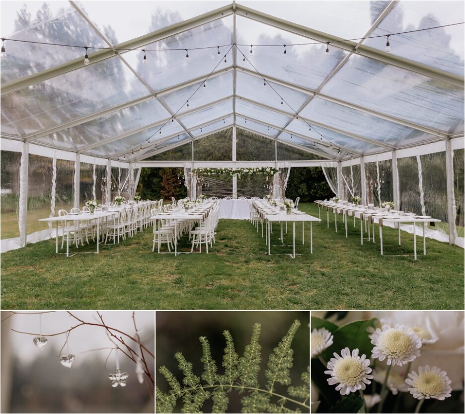 Back yard wedding marquee with table decorations