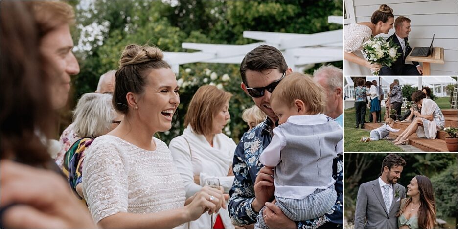 Candids and happy laughing photo of bride with baby