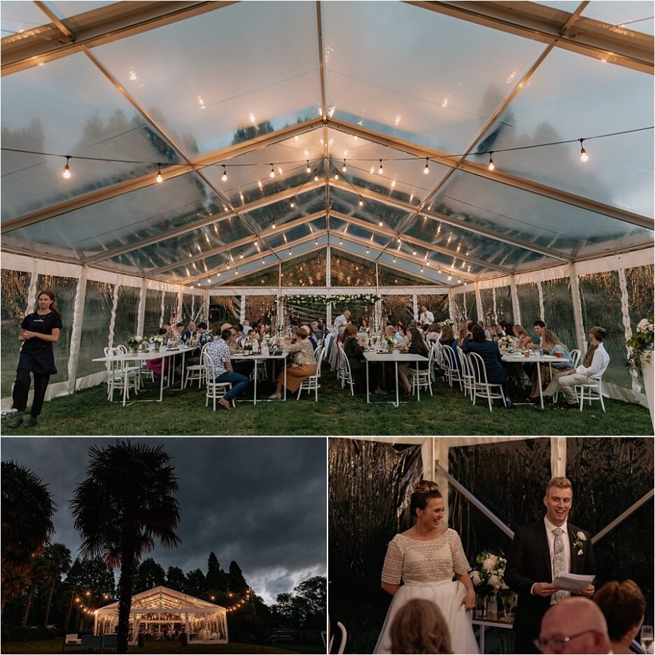 Evening wedding reception in marquee in Tauranga