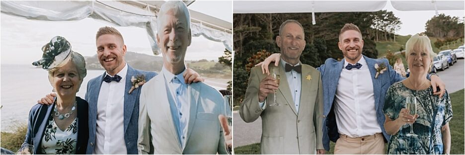 Groom with cardboard cut outs of parents