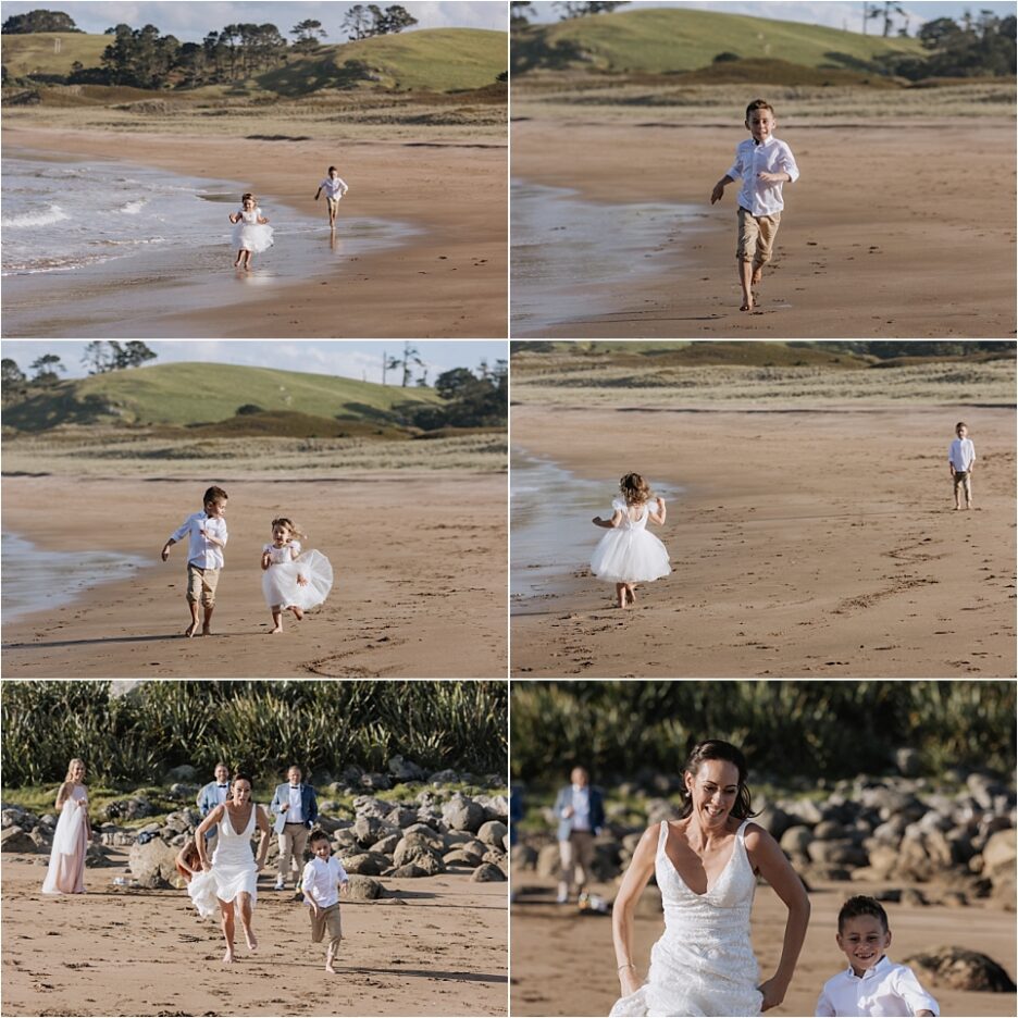 Happy family kids playing on Hot water beach during wedding photos