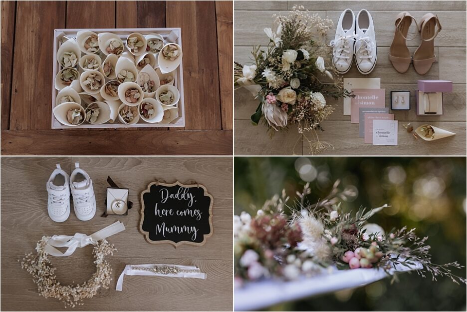 Wedding details, confetti, layflat, bouquet and lapel flowers