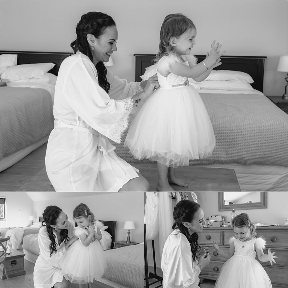Bride and flower girl getting dressed