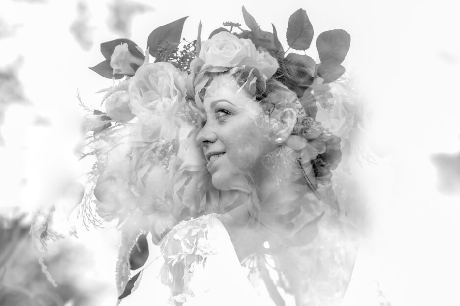 Double exposure of bride and her bouquet