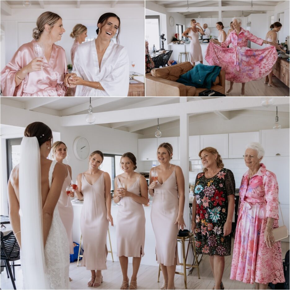 Bride with Bridesmaids and Nana and Mother dress reveal