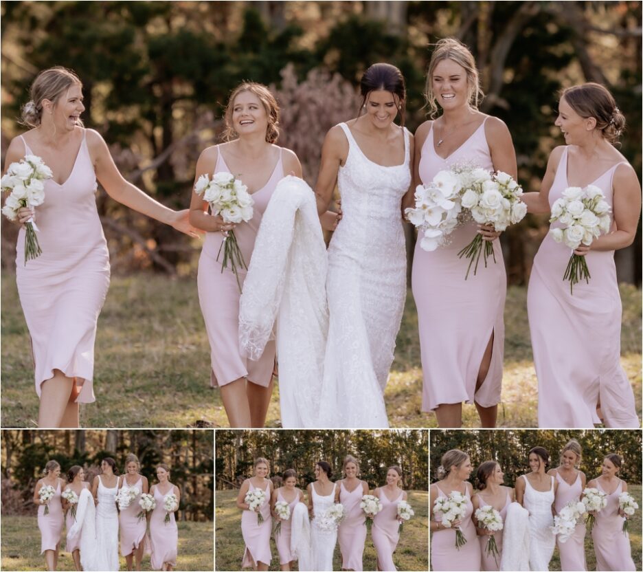 Bride and pink bridesmaids dresses walking happy