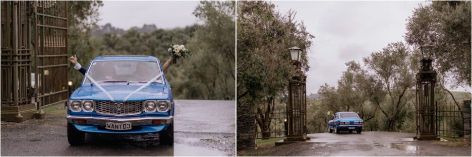 Happy bridal couple in wedding cars