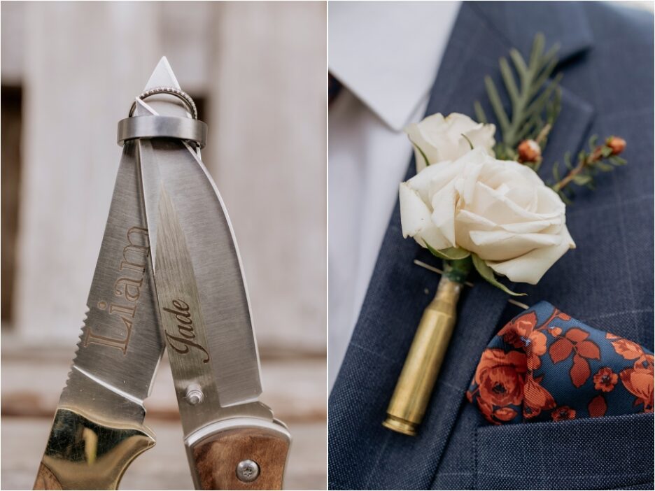 Buttonhole flower with bullet casing and wedding rings on knives
