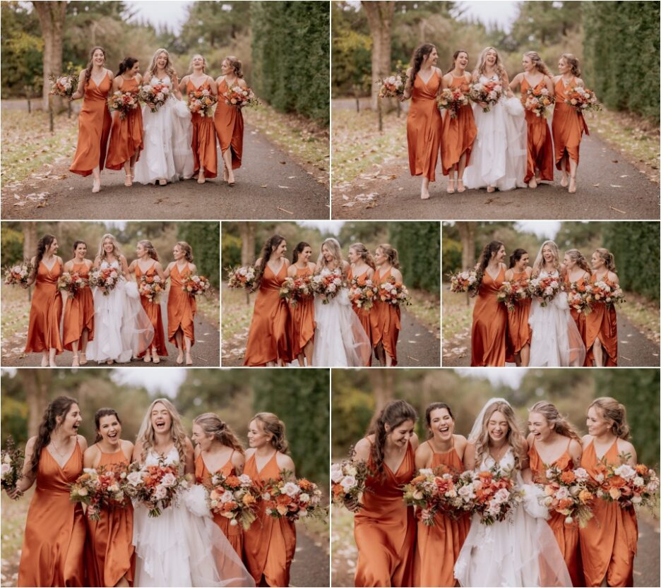 Happy bridesmaids with bride laughing