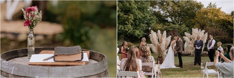 wedding ceremony with bible on wooden drum
