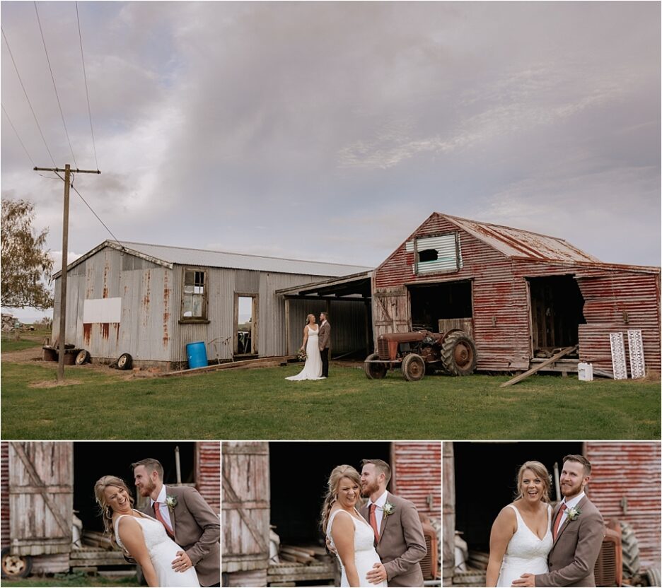 waikato wedding photos in front of sheds and couple laughing and giggling