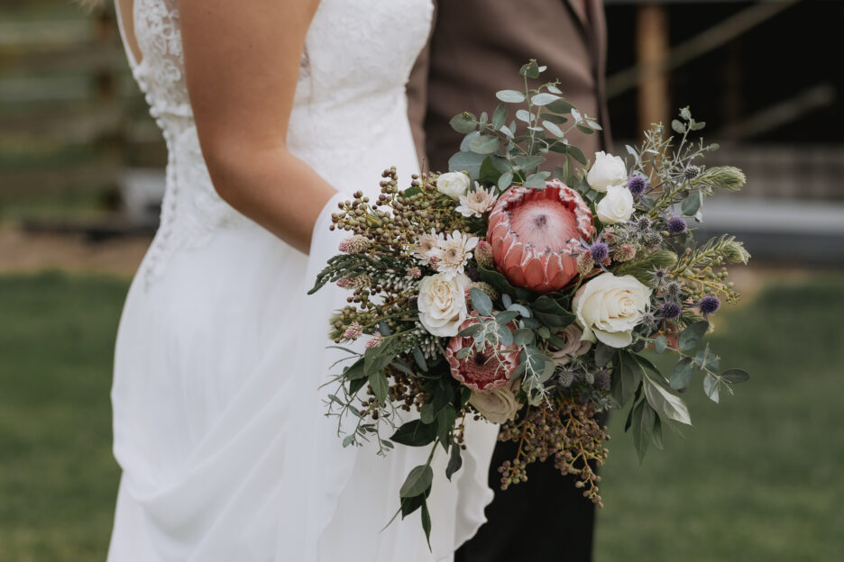 country wedding boquet with proteas
