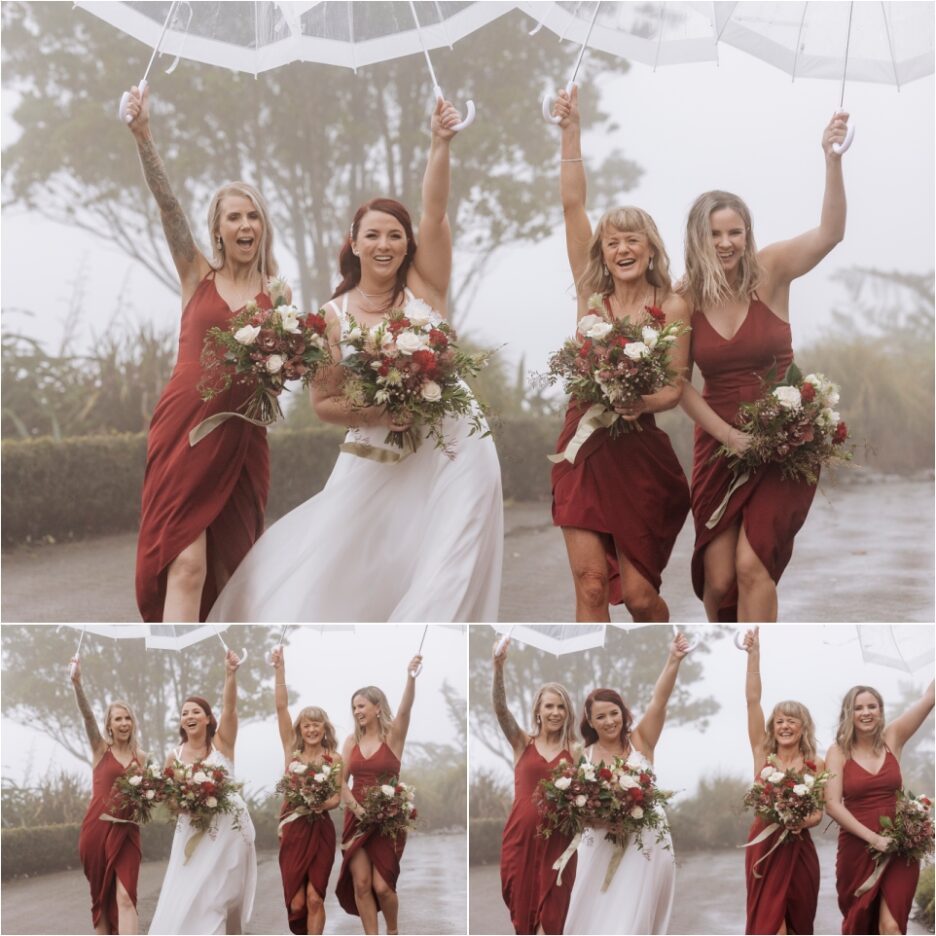 Fun bridemaids laughing in the rain