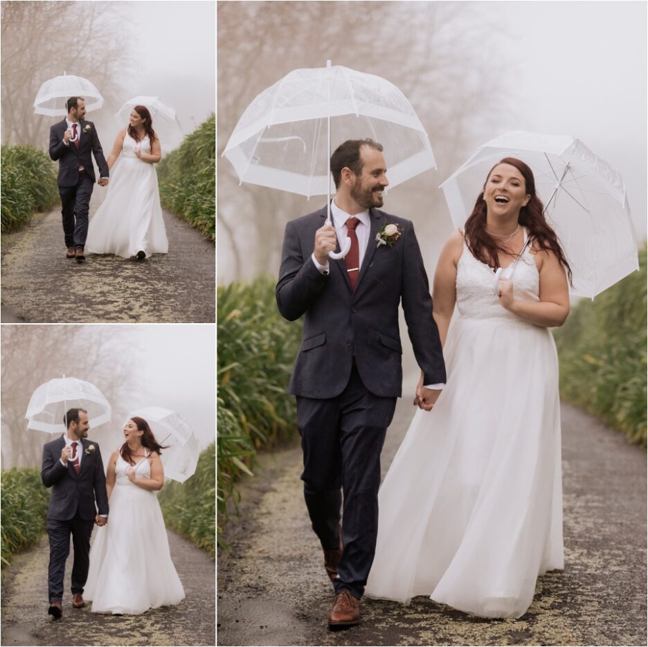 Happy laughing bridal photos walking in the rain