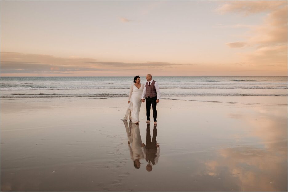 Reflections on mount beach wedding photos with Pure Images Photography New Zealand