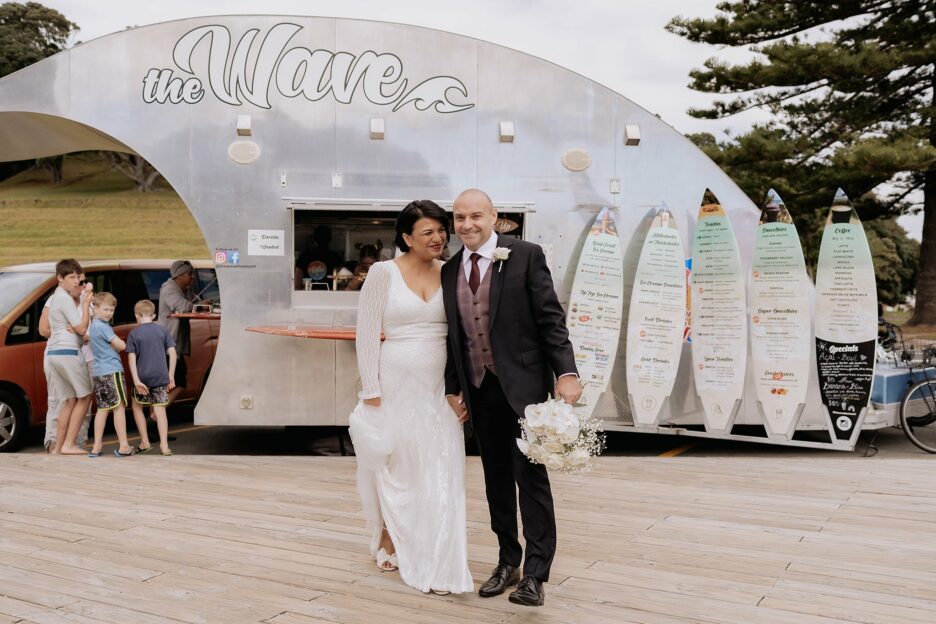 Wedding photos in front of food trucks on Main mount beach
