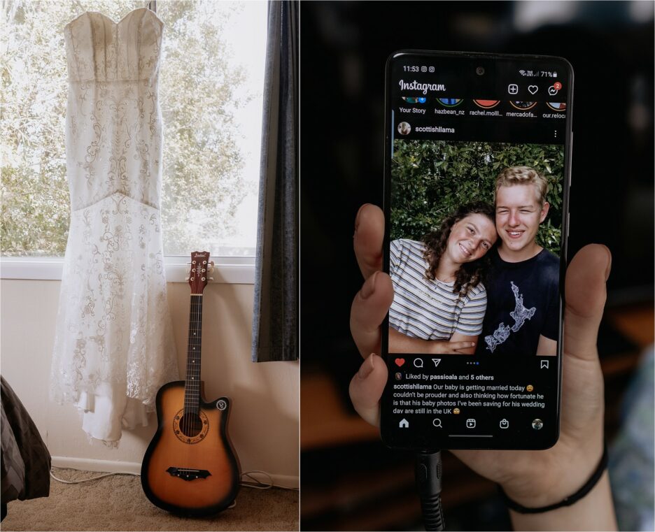 wedding dress hanging in bedroom with guitar leaning on wall with happy couple on cell phone picture