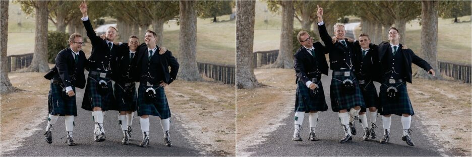 Scottish attire for groomsmen in kilts having fun