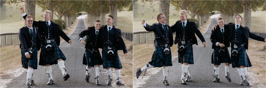 dancing groomsmen in kilts