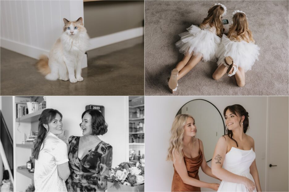 bride with mother flower girls and cat before wedding