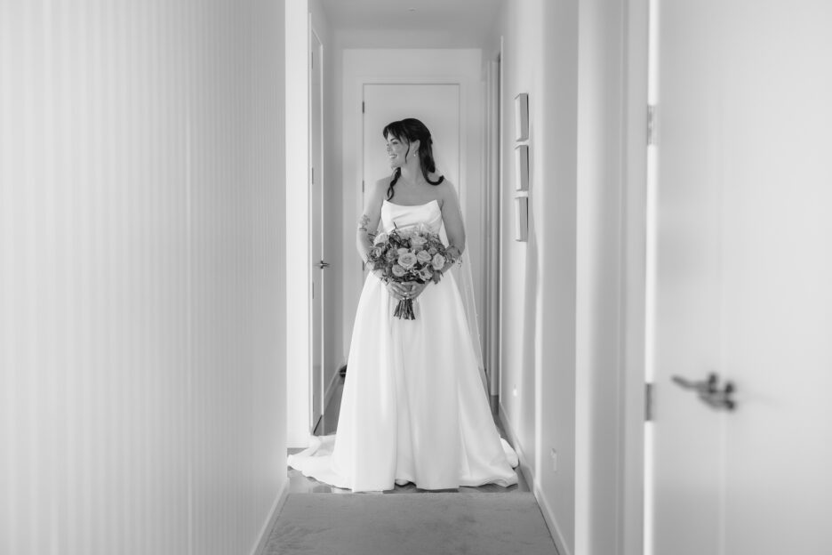 Bride in hallway before wedding