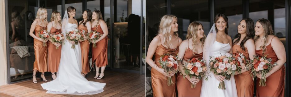 bride with bridesmaids in brown dresses