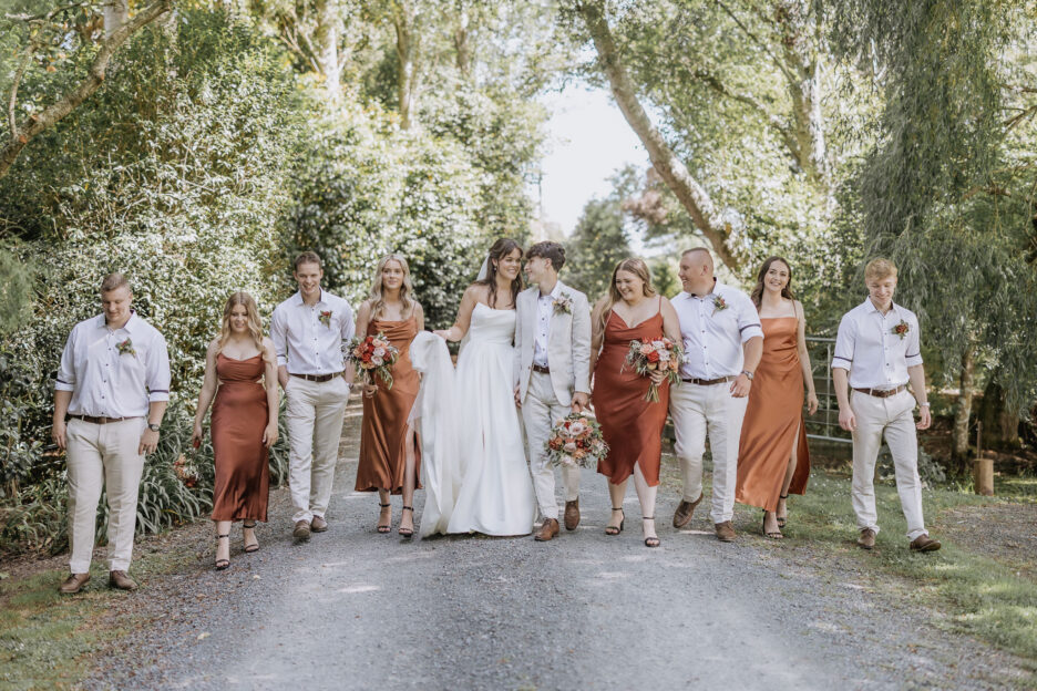 rust bridesmaids and linen groomsmens suits