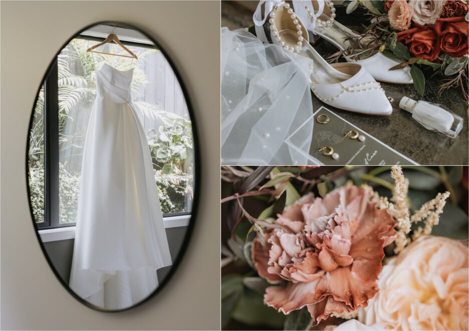 wedding dress with shoes jewellery flowers